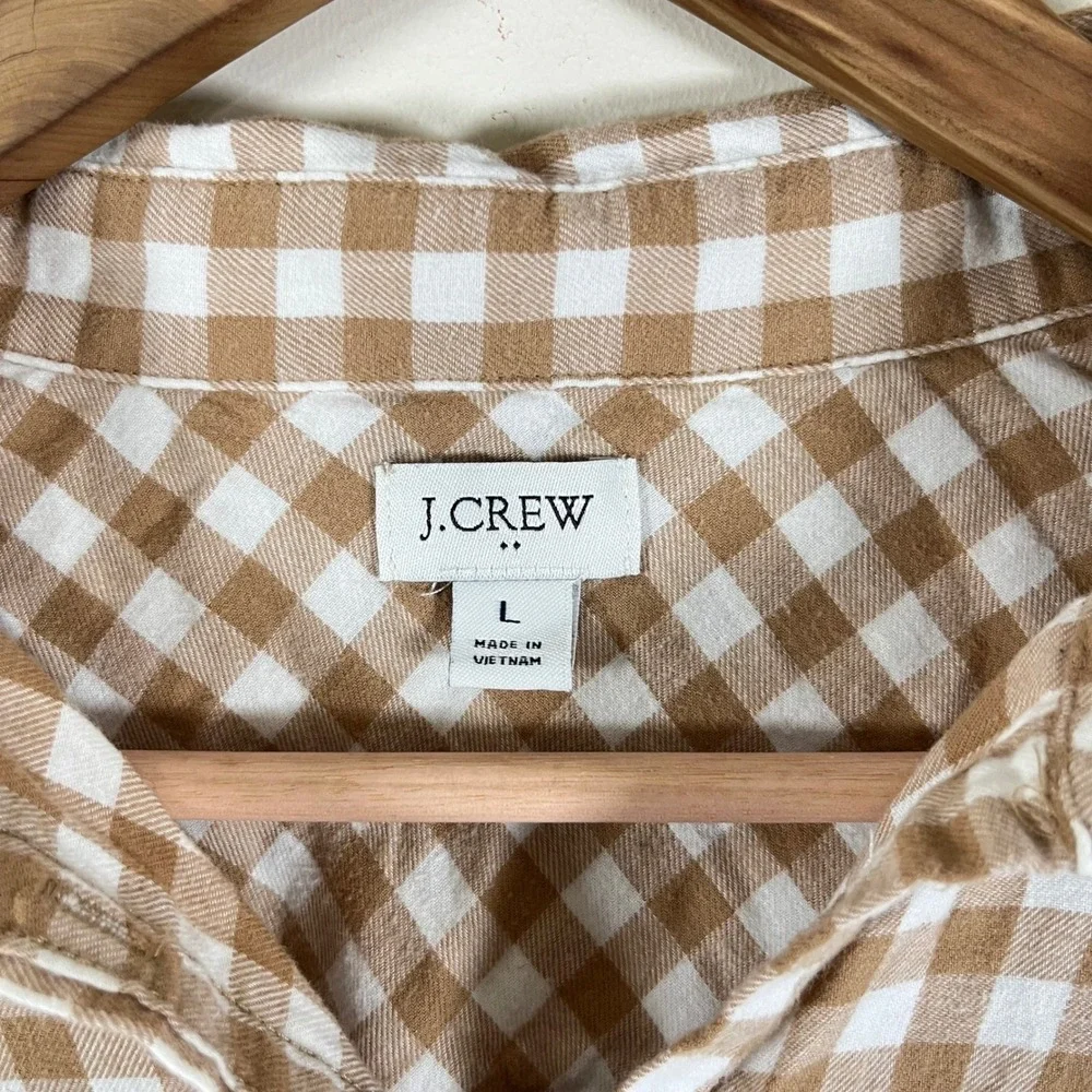 J. Crew Gingham Button Down Flannel Shirt Tan White Cottagecore Academia Large